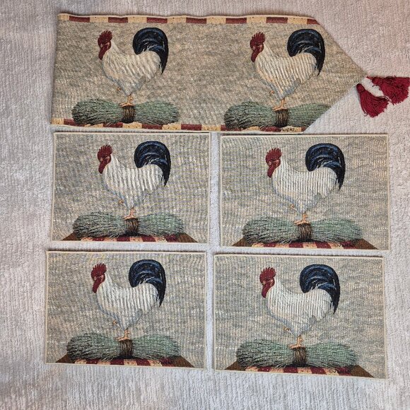 J Wiens Rooster Tapestry Tassel Table Runner & 4 Placemats - Picture 2 of 11